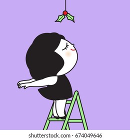Happy Smilimg Girl Walking Climbing To The Hanging Christmas Flower Decoration On Stair Ladder Concept Card Character illustration