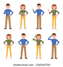 Happy, smiling, adult blue shirt office guy and green shirt lady vector illustration. Waving, thumbs up, saying hello, talking on phone boy and girl cartoon character set