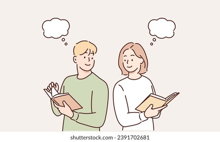 pareja adulta sonriente feliz leyendo libro. Ilustraciones de diseño vectorial de estilo dibujado a mano.