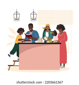 Happy smiling African American family preparing dinner or lunch together in a modern kitchen. Parents and children preparing, tasting food on white. Mother, father, daughter and son spend time at home