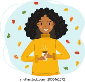 Happy smiling african american girl with cup of hot drink in her hands. Falling colorful leaves. Girl in warm cloth. Autumn mood. Hello autumn. Vector illustration. 