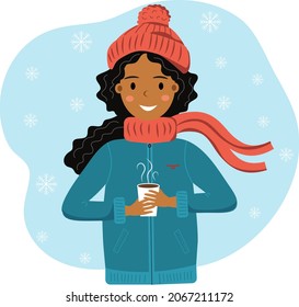 Happy smiling african american girl in winter cloth with cup of hot drink in her hands. Falling snowflakes. Girl in warm cloth. Winter mood. Hello winter. Vector illustration. 