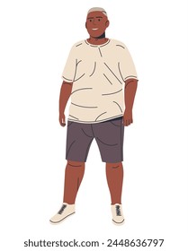 Happy Smiling African American Man with Overweight. Black Skinned Body Positive Guy. Male Character Plus Size Model. Plump Man Character. Trendy Big Boy in Tshirt and Shorts. Flat Vector Illustration