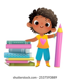 Feliz menina estudante afro-americana sorridente com livros e lápis. Classe primária ou pré-escola menina negra ler e escrever, desenhos animados para crianças. Garota escolar feliz, ilustração vetorial para crianças.