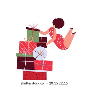 Happy Smiling African Dark Skin Woman with Wrapped Huge Gift Boxes,Christmas Present,New Year Holiday.Glass of Champagne.Celebrating Festive Purchases.Sale Shopping Flyer Advertising Flat illustration