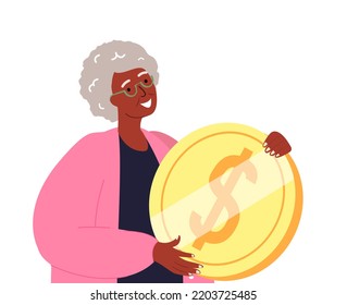 Happy Smiling Happy African Dark Skinned Senior Woman Hold Huge Golden Coin.Concept Of Financial Wealth,Money Accumulation,Pension Savings,Wealthy Retirement.Safety In Pension.Flat Vector Illustration