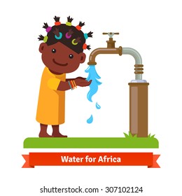 Happy smiling african girl washing hands and drinking water from a rusty pipe faucet tap. Water shortage symbol. Flat style cartoon vector illustration isolated on white background.