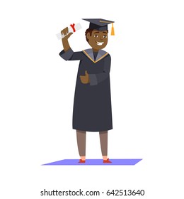 Happy smiling african man graduates in graduation gowns holding diplomas in their hands isolated background. Vector illustration concept graduation ceremony cartoon style