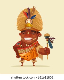 Happy smiling African voodoo shaman. Vector flat cartoon illustration