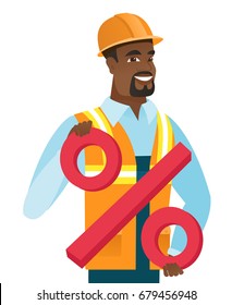 Happy smiling african-american builder holding percent sign. Full length of young cheerful builder in hard hat holding big percent sign. Vector flat design illustration isolated on white background.