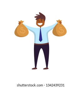 Happy smiling afro-american employee holding two bags of money turned to viewer