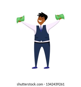 Happy smiling afro-american employee holding cash in two hands turned to viewer