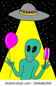 Happy smiling alien humanoid with pink baloon and ice cream in hands. Ufo with yellow light on black background with stars. Vector cartoon style illustration. Digital drawing.