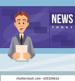 Happy smiling anchor man character telling daily news. Vector flat cartoon illustration