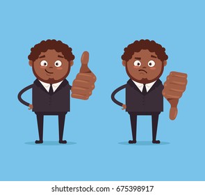 Happy smiling and angry sad businessmen African American office worker characters show likes and dislikes hand gesture sign. Vector flat cartoon illustration