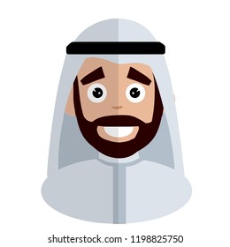 Happy smiling Arab in white clothes. Middle Eastern man. Good emotions on the guy's face. Muslim Feelings.
