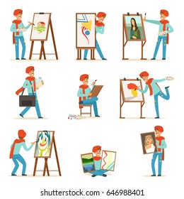 Happy smiling artist painting on canvas set. Talented painter colorful character vector illustrations