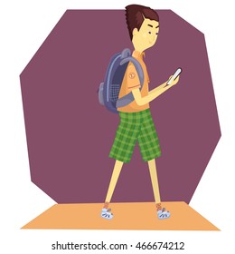 Happy smiling Asian high school student going to school. Cartoon character. Back to school concept. Pupil, student with backpack, bag. Vector illustration of smart teen, schoolboy.