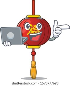 Happy smiling asian lantern cartoon character working with laptop