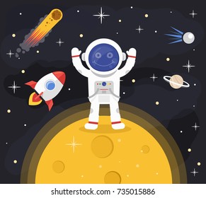 Happy smiling astronaut man character stands on surface of moon and greeting. Vector flat cartoon illustration