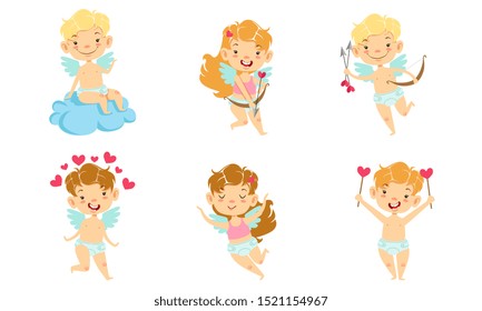 Happy Smiling Baby Angels with Wings Set, Adorable Boys And Girls Cupids Cartoon Characters Vector Illustration
