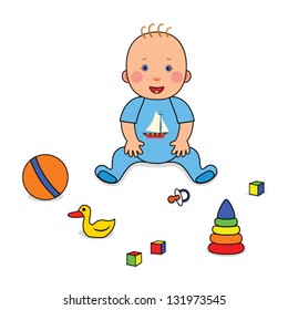 Happy smiling baby boy with a different toys on a white background. vector