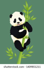 Happy smiling baby giant panda climbing green bamboo tree. Black and white chinese bear cub. Rare, vulnerable species. svg