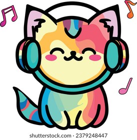 Happy smiling baby pussy cat with headphones listening to music. Kawaii style.