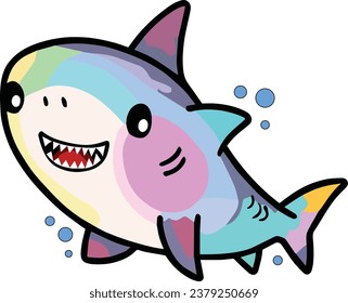 Happy smiling baby shark surrounded by bubbles. Kawaii style.