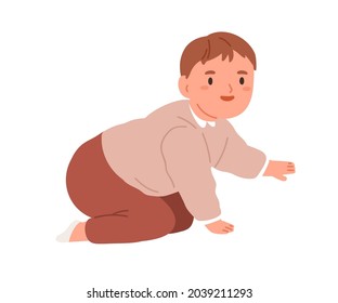 Happy smiling baby start crawling. Cute little kid trying to move on his hands and knees. Joyful child portrait. Adorable joyous boy. Flat vector illustration isolated on white background