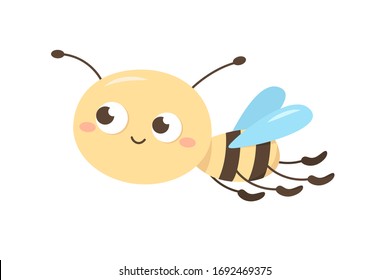 Happy smiling baby wasp isolated on white background. Little cute bee is flying. Cartoon vector illustration in flat style.