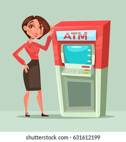 Happy smiling bank consultant manager woman standing next to ATM. Vector flat cartoon illustration