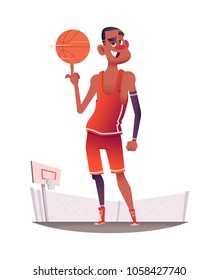 Happy smiling basketball player in uniform with ball standing on the basketball playground. Cartoon vector character design
