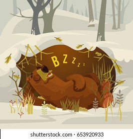 Happy smiling bear character mascot sleeping and resting in his cave. Vector flat cartoon illustration