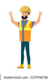 Happy Smiling Bearded Builder, Construction Worker in Uniform and Protective Helmet Shoving Thumbs up Hand Sign Flat Vector Icon Isolated on White Background. Profession and Job Opportunity Concept