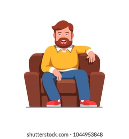 Happy Smiling Bearded Business Man Sitting On Big Home Arm Chair. Successful Business Boss Man Resting In Comfy Armchair. Flat Style Isolated Vector Character Illustration On White