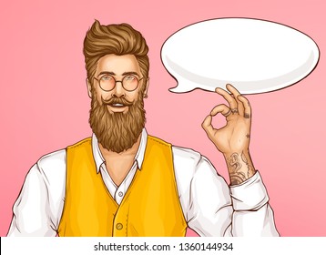 Happy smiling, bearded hipster man in glasses, white shirt and yellow waistcoat showing ok hand sign pop art vector illustration with blank speak cloud. Advertising banner, promotion poster template