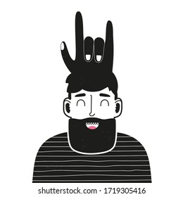Happy smiling bearded man with cool hand rock sign hairstyle. Trendy funny poster, apparel print design