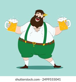 Hombre barbudo sonriente feliz en ropa tradicional bávara que sostiene dos tazas de cerveza espumosas contra fondo azul claro. Concepto de Oktoberfest, festival, vacaciones, cervecería. Ilustración vectorial