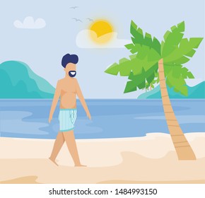 Happy Smiling Bearded Man Walking Along on Tropical Sandy Beach Wait Soul Mate. Cartoon Male Character Enjoying Free Summer Rest Time and Flat Seaside with Sky, Sun, Palms Trees. Vector Illustration