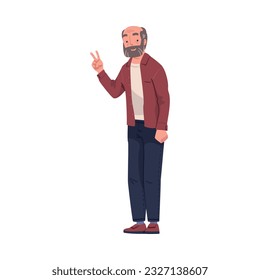 Happy Smiling Bearded Senior Man Character Standing Showing V Sign Hand Gesture Vector Illustration