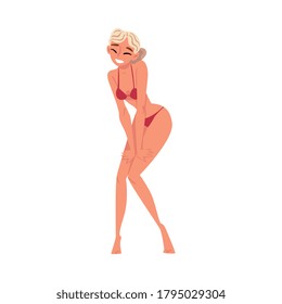 Happy Smiling Beautiful Blonde Woman in Red Bikini Dancing at Swimming Pool Party Cartoon Style Vector Illustration