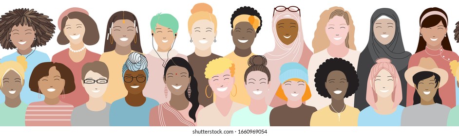 Happy smiling beautiful women 2 rows seamless border pattern. Big set of various races, nationalities female faces. Diverse cute characters, multinational, multi ethnic team group vector illustration