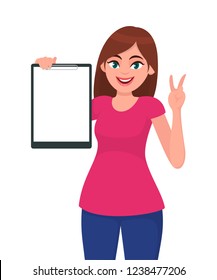 Happy smiling beautiful young woman 
holding / showing a blank clipboard and gesture hand victory, V or peace sign while standing. Concept illustration in vector cartoon flat style.