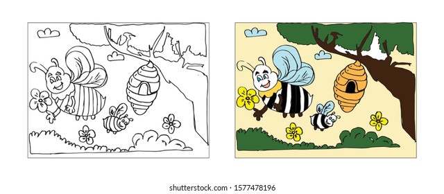 Happy smiling bee coloring book design with monochrome and colored versions. Freehand sketch for adult anti stress coloring book page with doodle elements. Vector Illustrations for kids book.