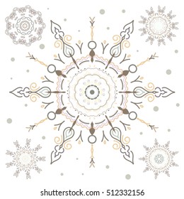 Happy smiling beige snowflakes set. Snowflakes decorated with circles and dots. Christmas and New Year theme. Vector winter design on white background.