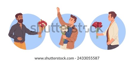 Happy smiling beloved guys cartoon characters with flower bouquet isolated round composition set