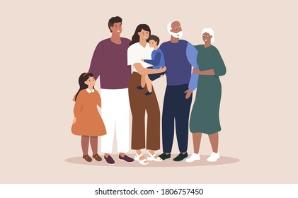 Happy smiling big family. Mom, dad, kids, grandparents. Vector