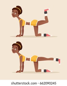 Happy smiling black african american woman sportsman doing exercise on buttocks. Vector flat cartoon illustration