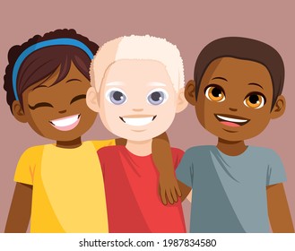 Happy Smiling Black Albino Kid Together With Friends